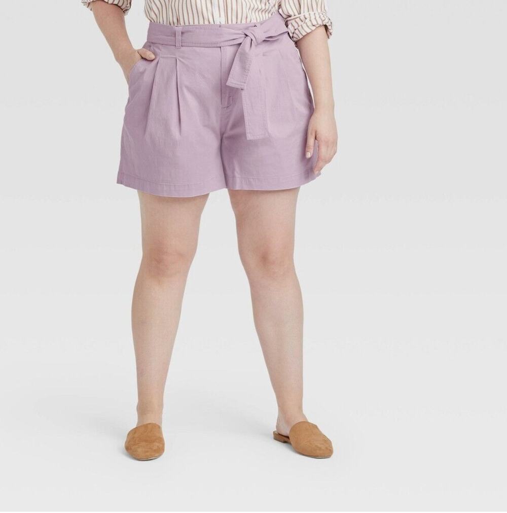 A New Day Purple High Waist Pleated Paper Bag Tie Waist Belted Shorts 16 XL